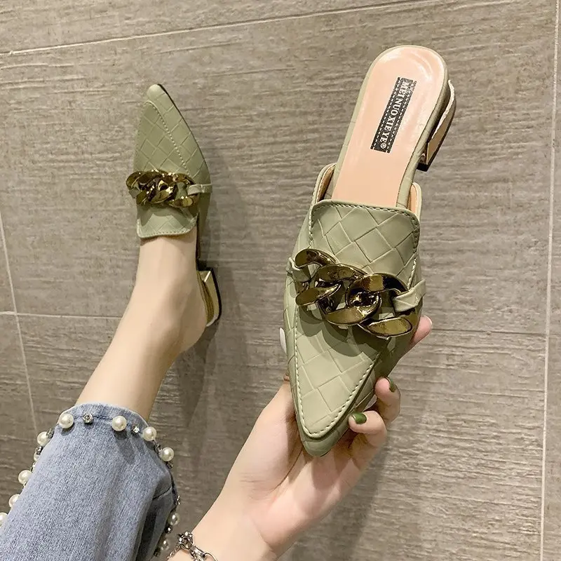 Low Slippers Casual Female Shoes Square heel Pointed Toe Mules For Women 2024 Rivet Shallow Slides Luxury New Block Cover Soft H