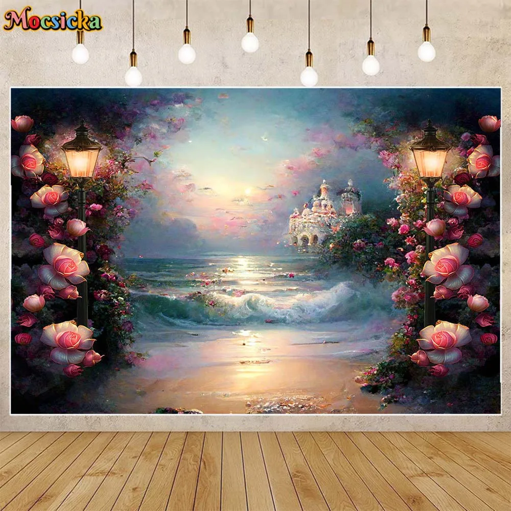 

Mocsicka Child Photography Background Spring Flower Sea Castle Beach Girl Newborn Portrait Backdrop Photocall Props Photo Studio