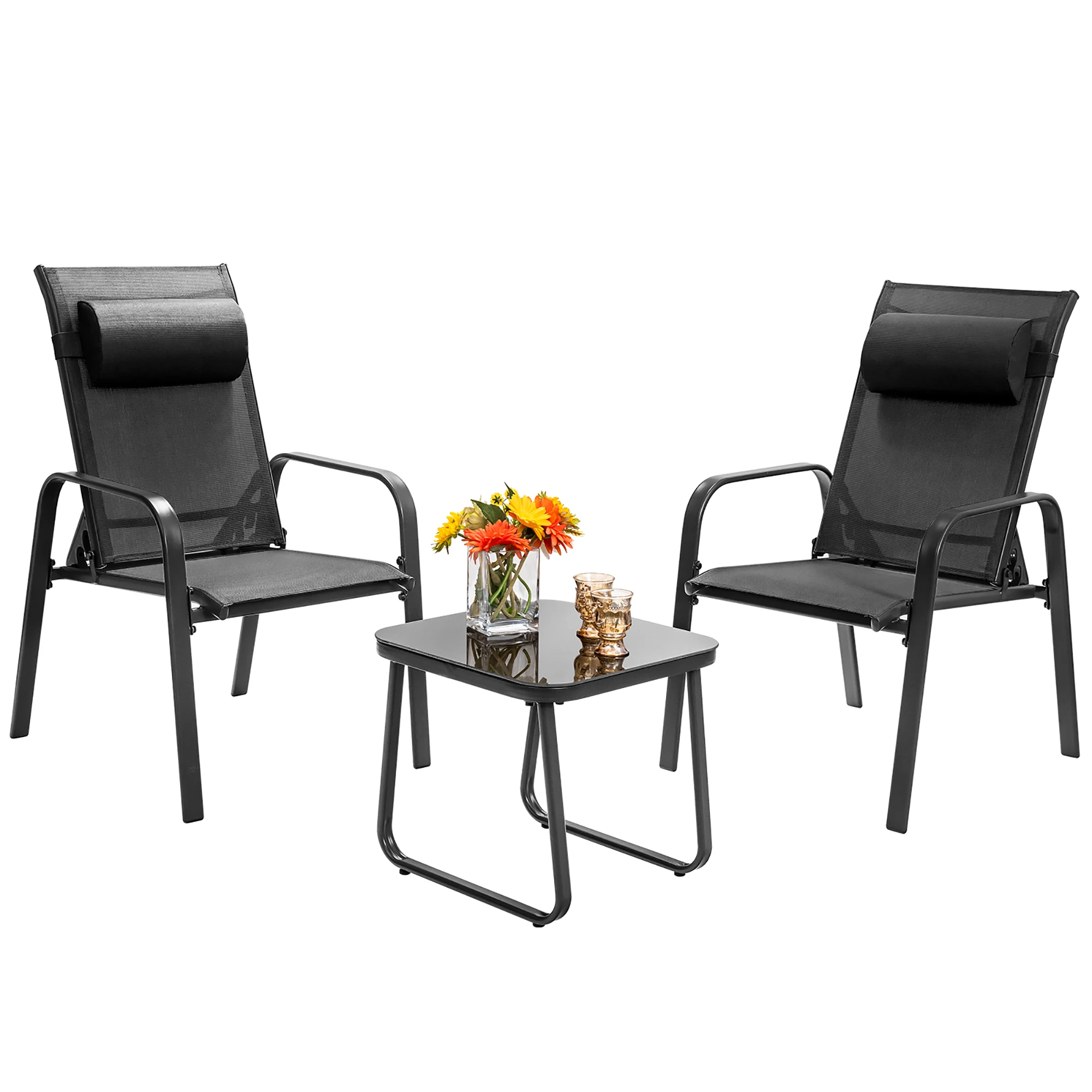 3PCS Patio Bistro Furniture Set Adjustable Back Stackable Chairs Black