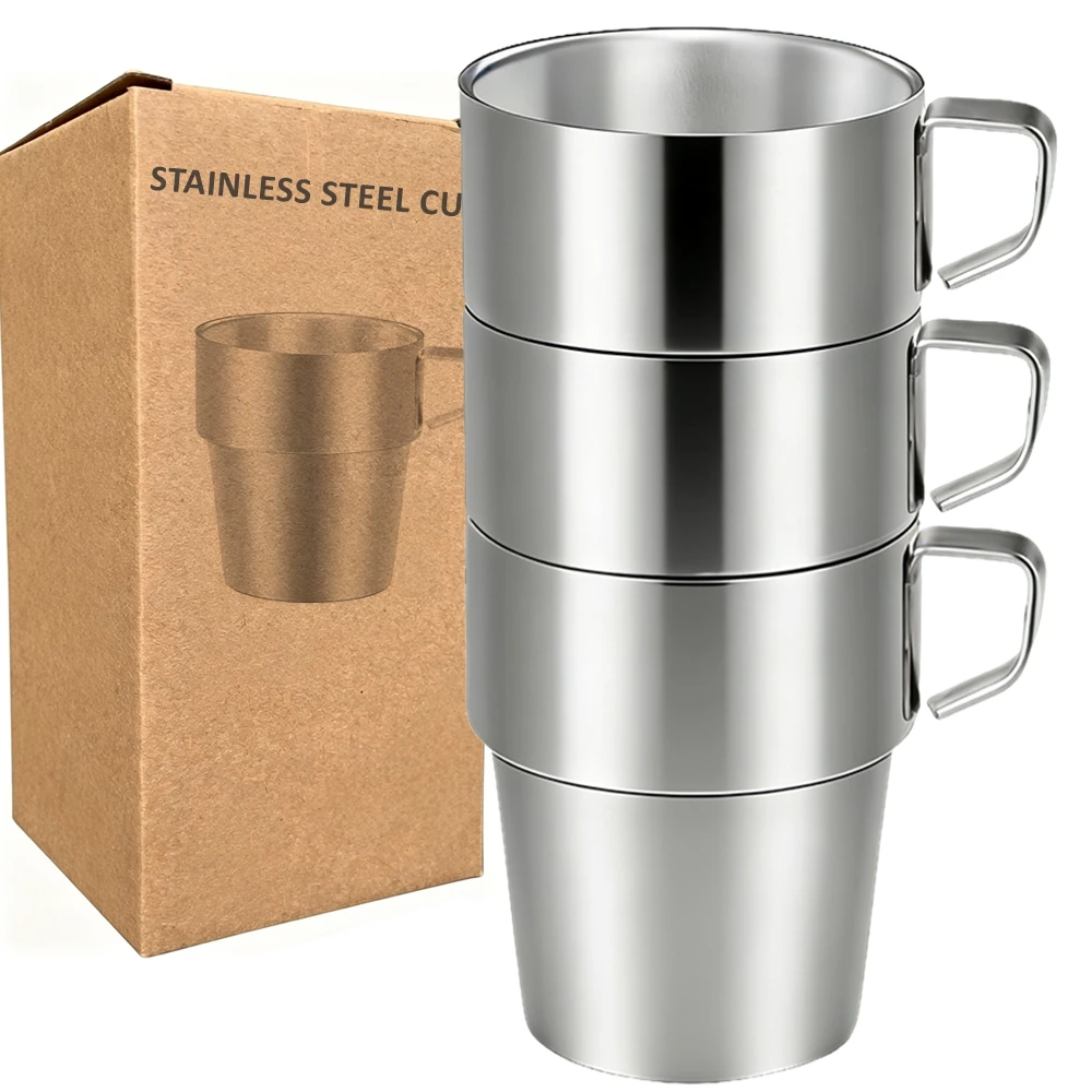 3er-Pack Edelstahl-Becher mit Griff 300ml Doppelwandige Stapelbare Teetassen Latte-Becher für Outdoor und Zuhause