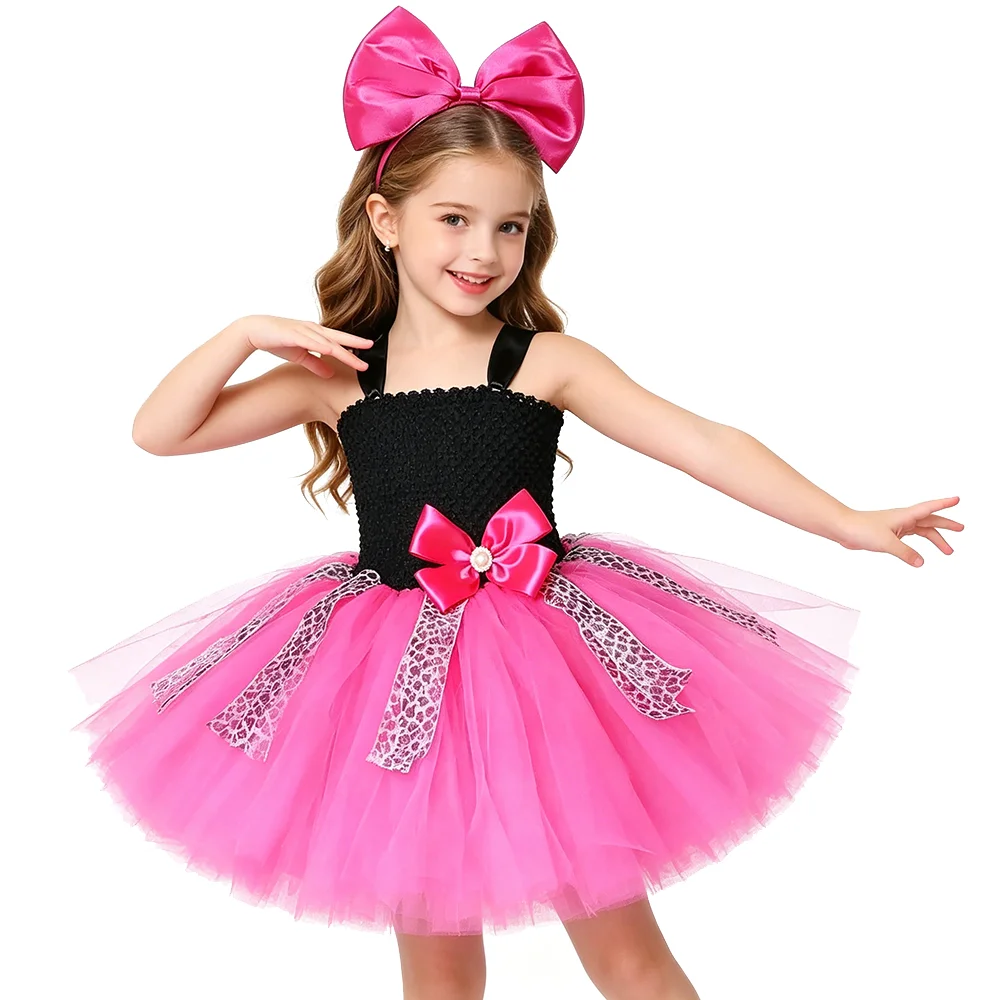 Girls Black Hot Pink Princess Dresses with Big Bowknot Hair Clip Birthday Party Tutu Dress Up Outfit for Kids Leopard Clothing