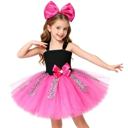 Girls Black Hot Pink Princess Dresses with Big Bowknot Hair Clip Birthday Party Tutu Dress Up Outfit for Kids Leopard Clothing