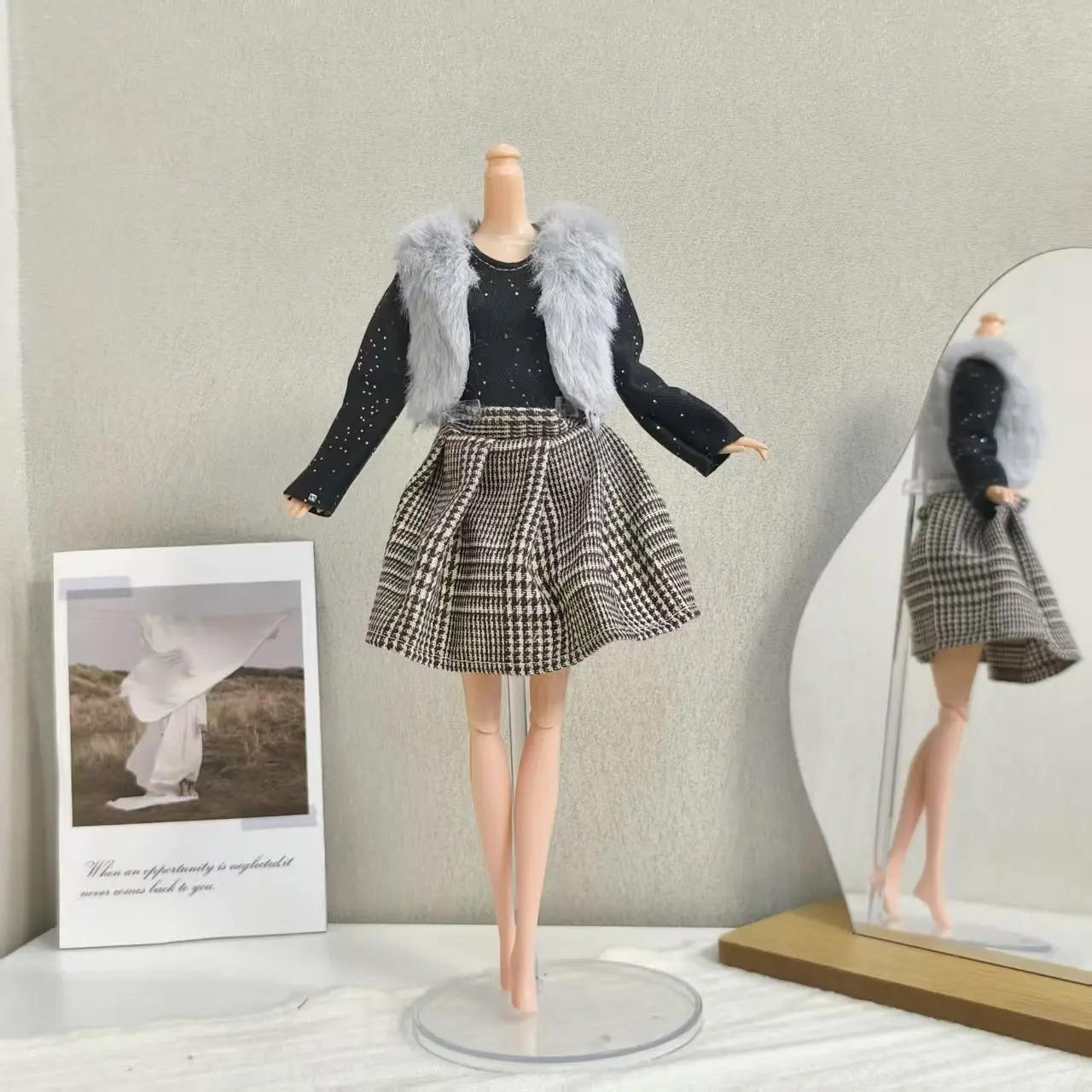 30cm boneca roupas acessórios moda inverno colete de pelúcia + vestido + bolsa conjunto para 1/6 bjd supermodelo boneca diário diy vestir-se