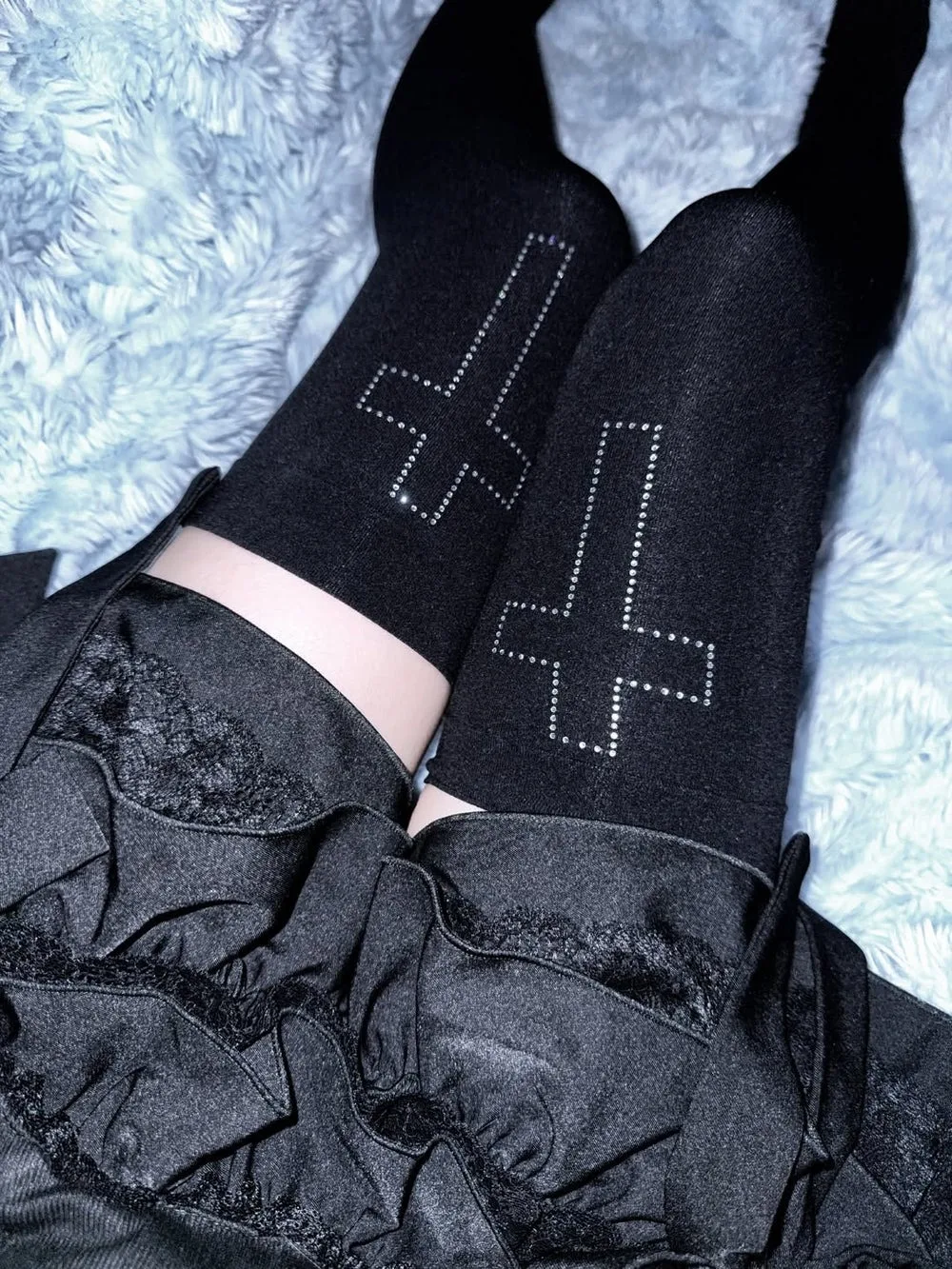 Harajuku Style Black Knee High Socks Y2k Women's Note Rivet Stockings Sexy Fashion Gothic Punk Cute Printed Stockings