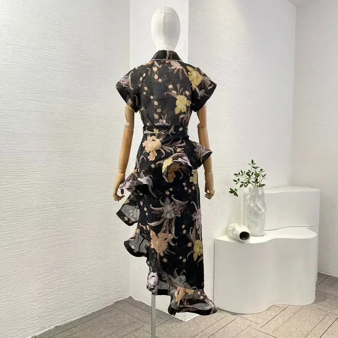 Silk Linen New Vintage Holiday Collection Black Floral Print Short Sleeve Diamonds Blouse and Irregular Hem Ruffles Skirt Set