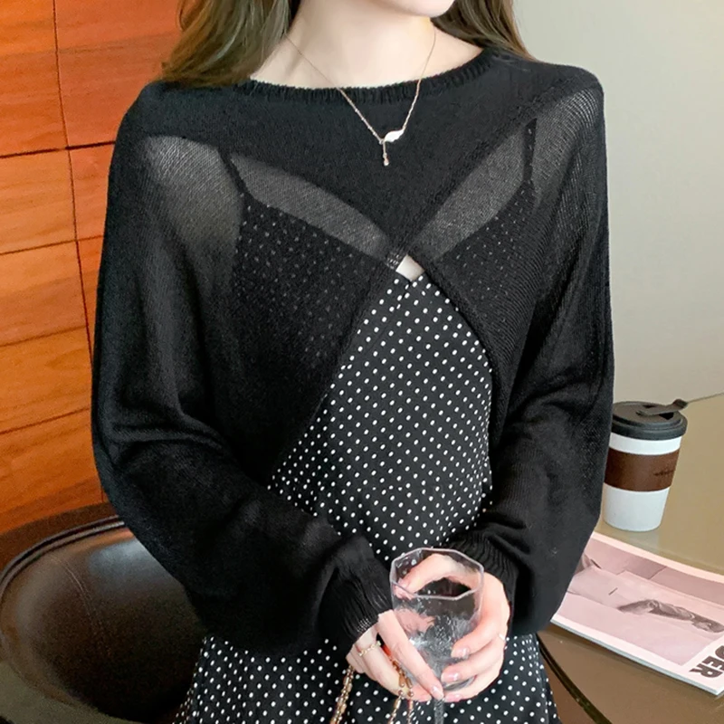 Camisa de punto con cuello redondo para mujer, blusa informal holgada con manga de murciélago, Tops recortados irregulares sólidos elegantes para verano, 2023, 26749