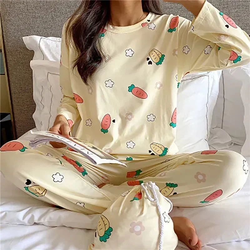 Spring Sleepwear Sets Set Pajama Cow Cartoon Long Sleeve 2023 Print Cute New Women Two-pieces Underwear