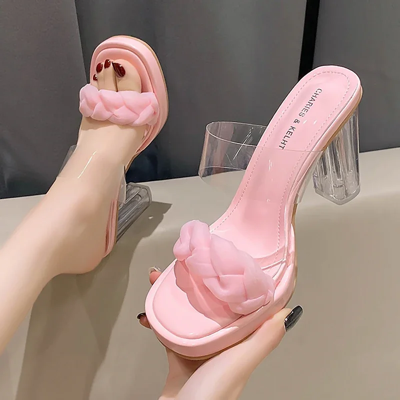 

Pink Lace High Heels Sandals Women 2023 Summer Clear Thick Heeled Slippers Woman Transparent Pvc Platform Party Sandals Slides