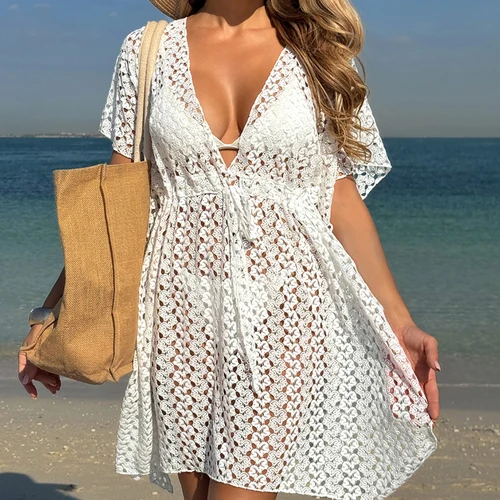Vestido Sexy de manga larga con escote en V profundo, vestido envolvente con abertura, tejido calado, ropa de playa, Vestido corto elegante para vacaciones de verano y playa