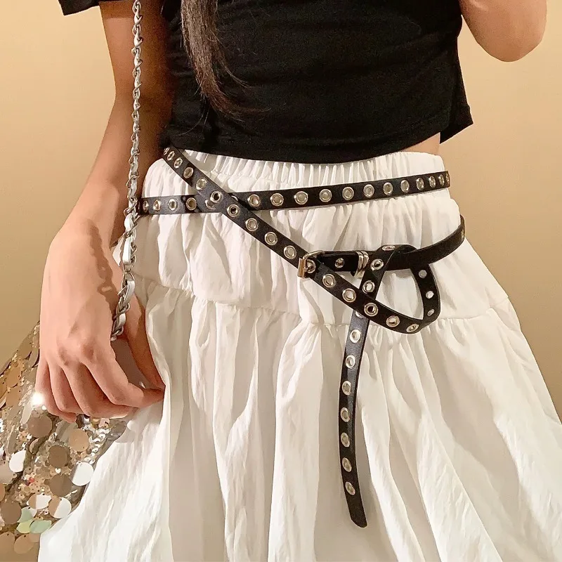 y2K Rivet Eyelet PU Leather Waist Belt Two Circle Waist Chain Knotted Extra Long Thin Waistband Double Layer Hole Belt 2025
