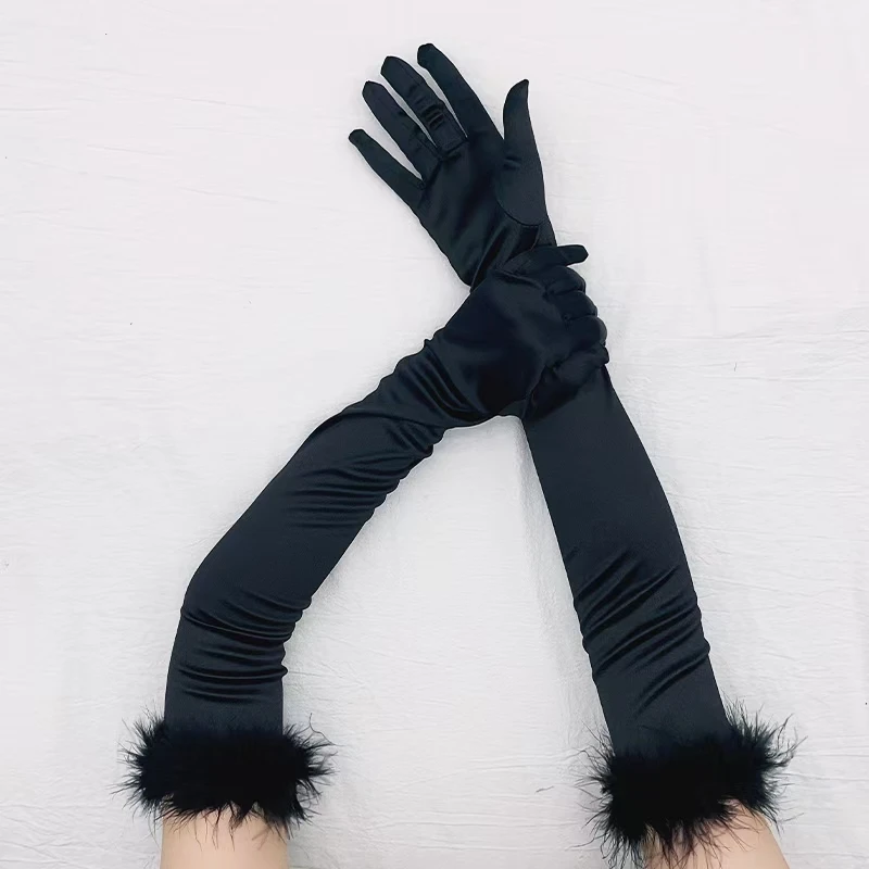 Sexy 53cm Elastic Full Finger Long Silk Satin Dance Party Cuff Feather Gloves Halloween Makeup Party Opera Stage Women\'s Mittens