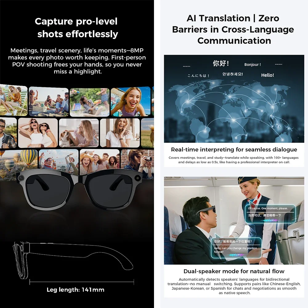 2025 جديد AI ترجمة النظارات الذكية الأشعة فوق البنفسجية العدسات الواقية بلوتوث دعوة صوت مساعد HD كاميرا فيديو الموسيقى النظارات الذكية #4