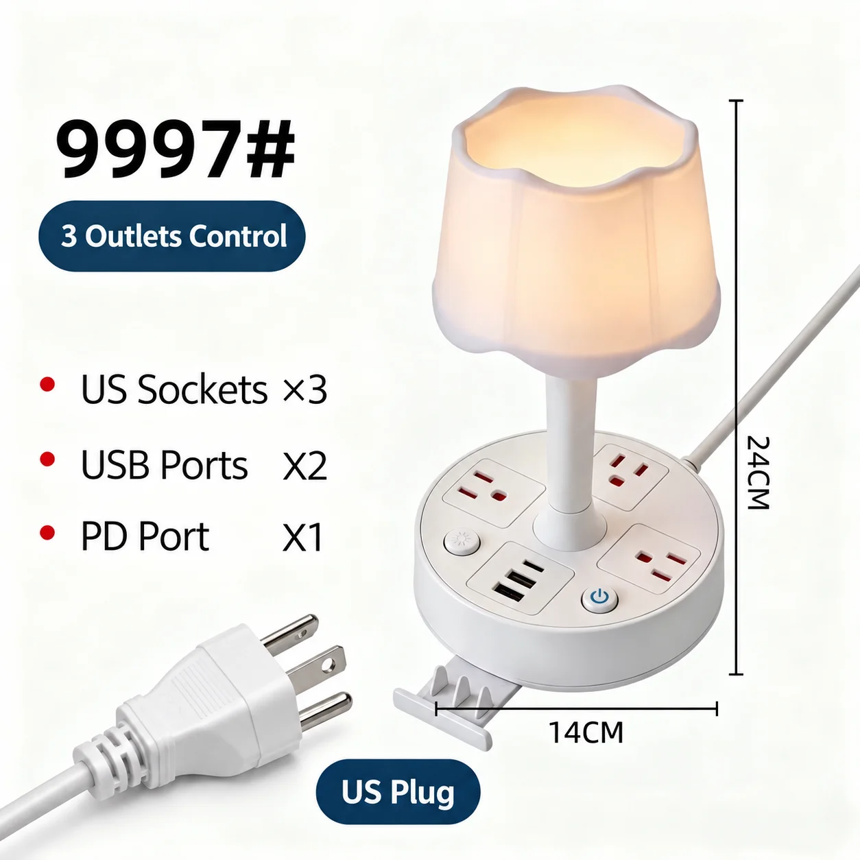 ELEGAN US Plug Bedside Table Lamp with 3 AC Outlets USB-C Charging Port 1.8M Extension Cord for Bedroom Office Mexico USA EU UK