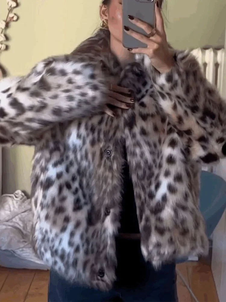 

HH винтажная женская куртка с эффектом искусственного леопардового меха, женская теплая свободная плюшевая текстурированная куртка с длинными рукавами, зимняя уличная одежда