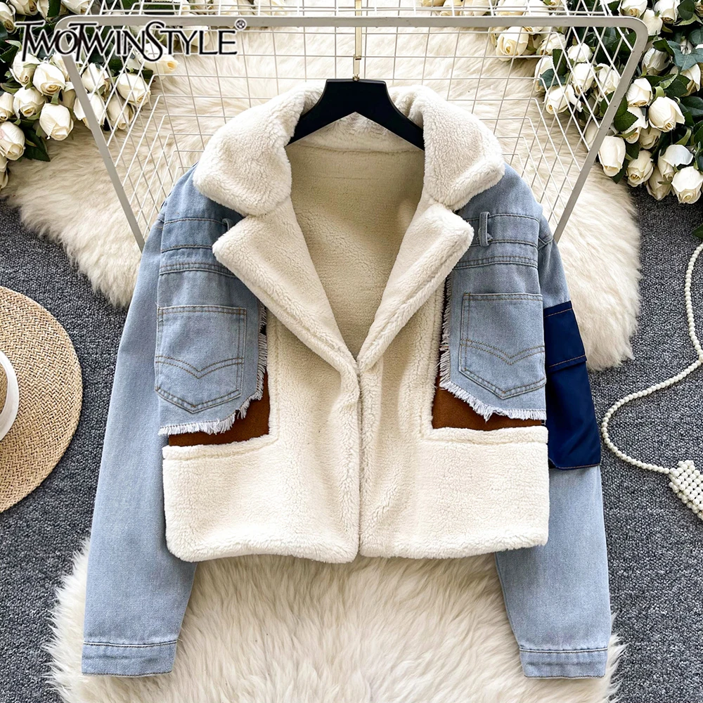 TWOTWINSTYLE, abrigos elegantes de mezclilla empalmados de colores para mujer, chaquetas de moda de venta al por menor de manga larga con solapa, chaquetas de invierno para mujer KJA 522376