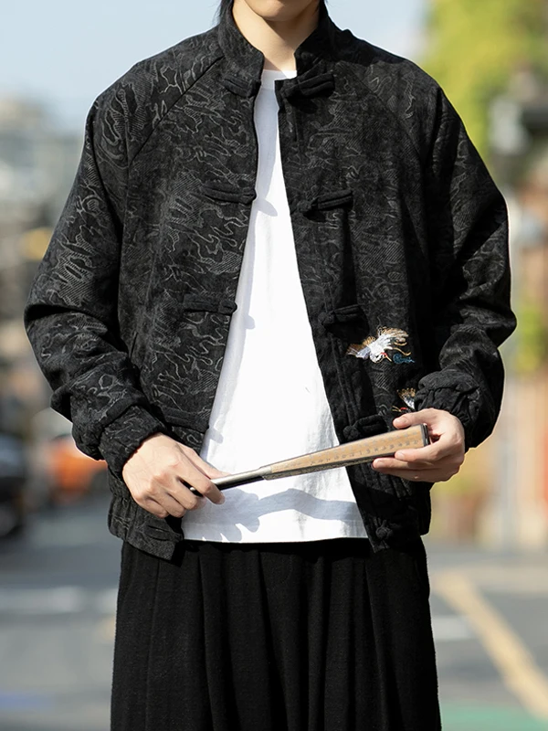 معطف رجالي كاجوال فضفاض ومطرز من Ele مطرز بنمط تنين طويل Sve بأزرار وياقة واقفة معطف ريترو Sle #4