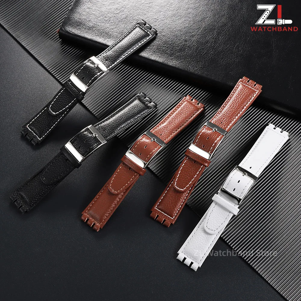 17mm Leather Watch Band for Swatch Watch Strap Genuine Cowhide Leather Bracelet for Women Men Replacement Calfskin Watch Belt
