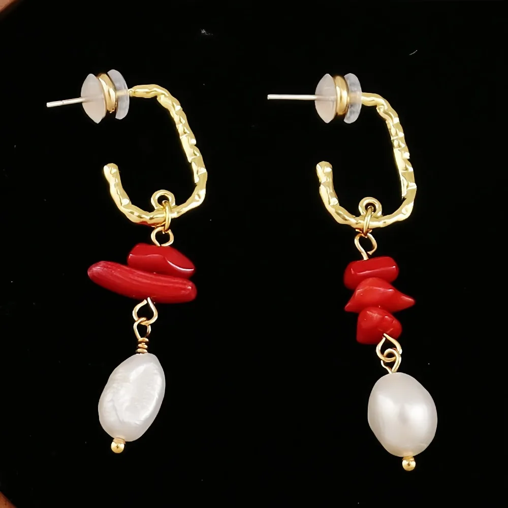 

Simple Versatile Accessory Natural Coral Stone Freshwater Pearl Tassel Earrings Fashion Holiday Style Boho Style Gothic Jewelry