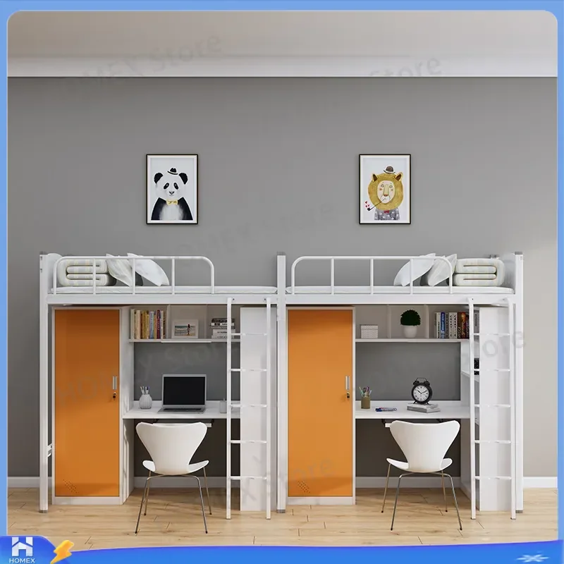 Custom Wrought Iron Bunk Bed with Desk Loft Bed Frame Single Double Side Ladder for College Student Apartment Space Saving