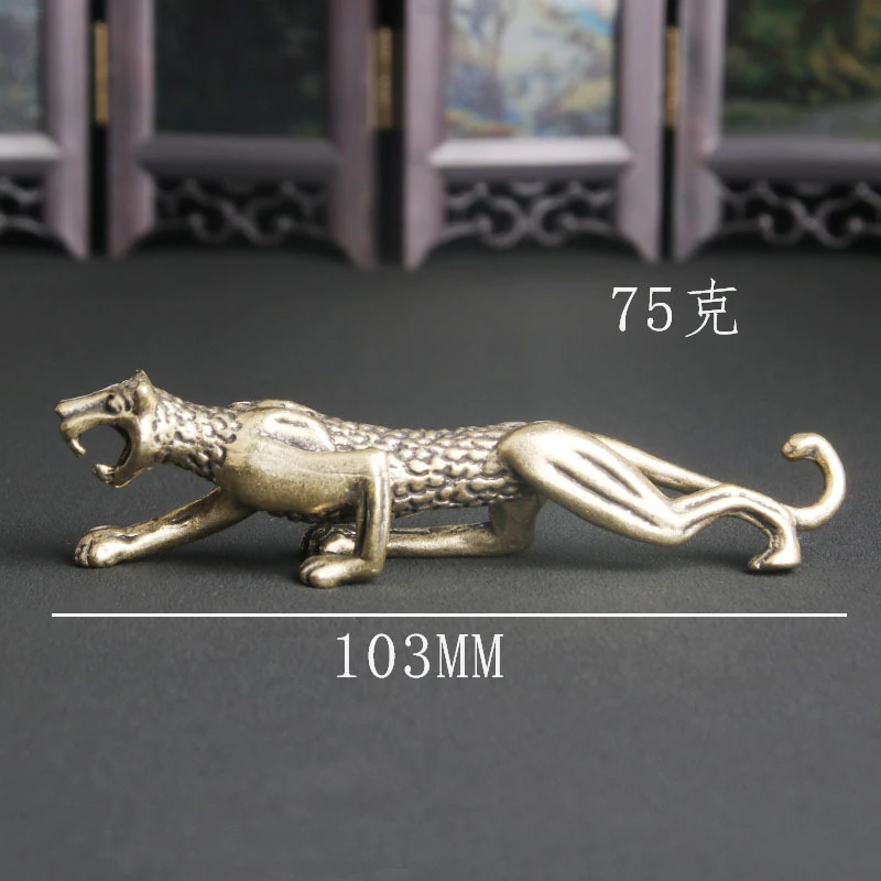 Vintage Pure Brass Cheetah Desktop Ornament, Study Desk Pen Holder, Creative Decoration For Overnight Wealth, Antique Brassware