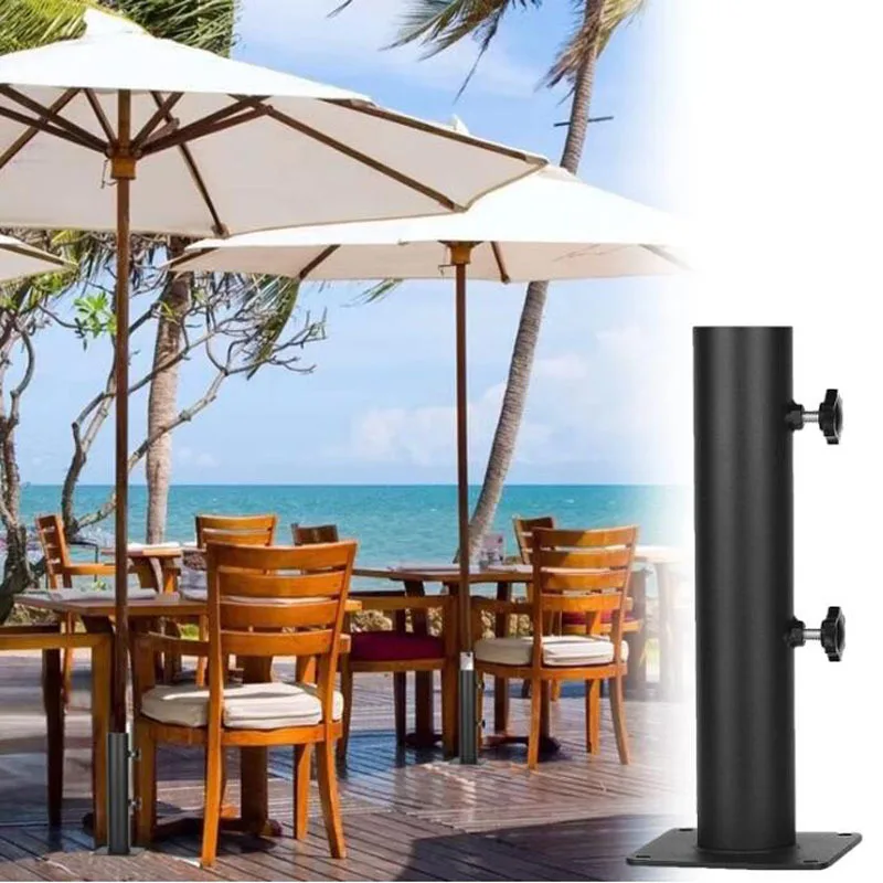 Outdoor umbrella supporting products are fixed on the cement and wooden floor, black base accessories, adjustable sun umbrella b