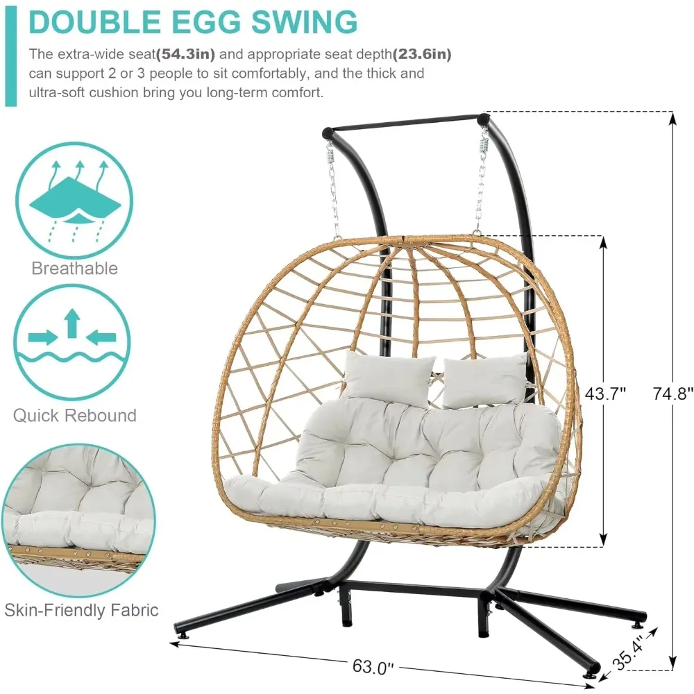 Double Egg Swing Chair w/Stand, 2 Person Wicker Hanging Chair, Outdoor Indoor Oversized Hammock Chair w/ Cushion for Patio Porch