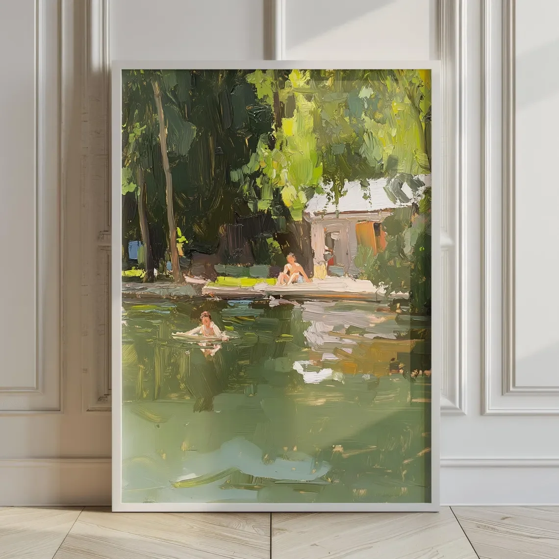 Impressão de Parede Impressionista de Lago de Verão - Pintura a Óleo Expressiva de uma Cena à Beira do Lago com Nadadores e um Doca, Verde Vibrante