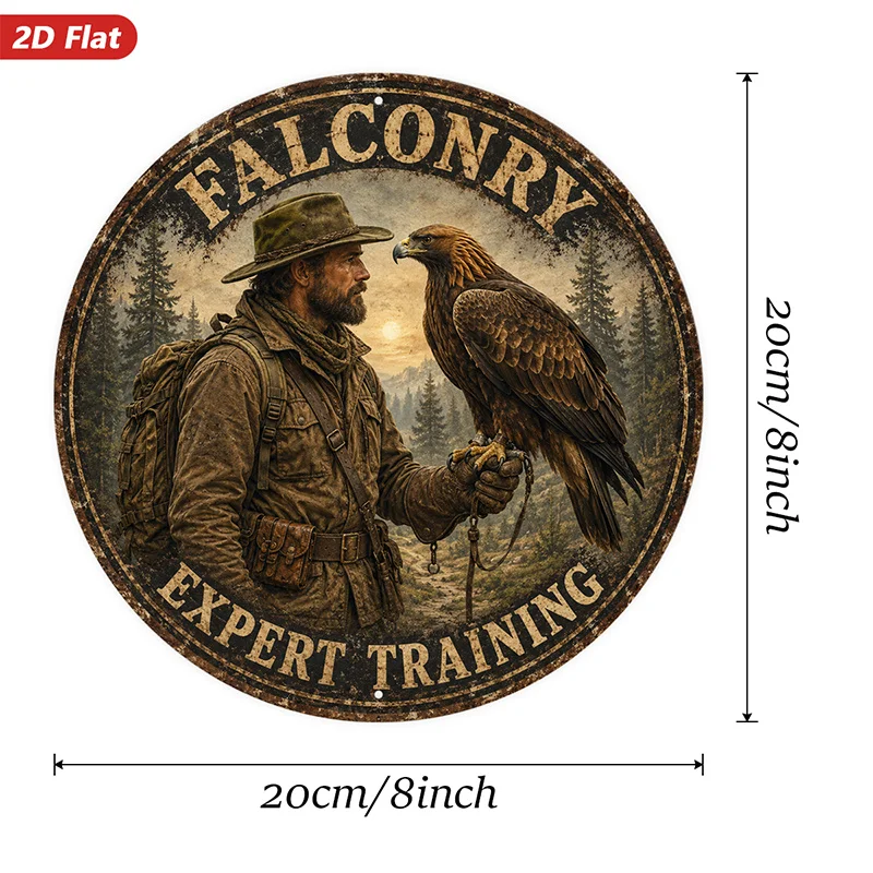 2D Flat, 1pc Falconry Expert Round Metal Sign Wall Art, Training Message, Majestic Eagle Portrait, Rustic Home Decor,