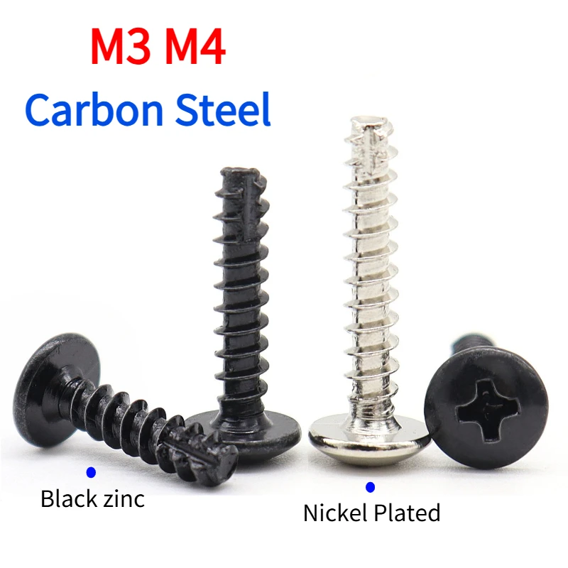 M3 M4 Carbon Steel Phillips Recessed Truss Head Self-tapping Screw Round Head Mushroom Screws Nickel Plated / Black zinc