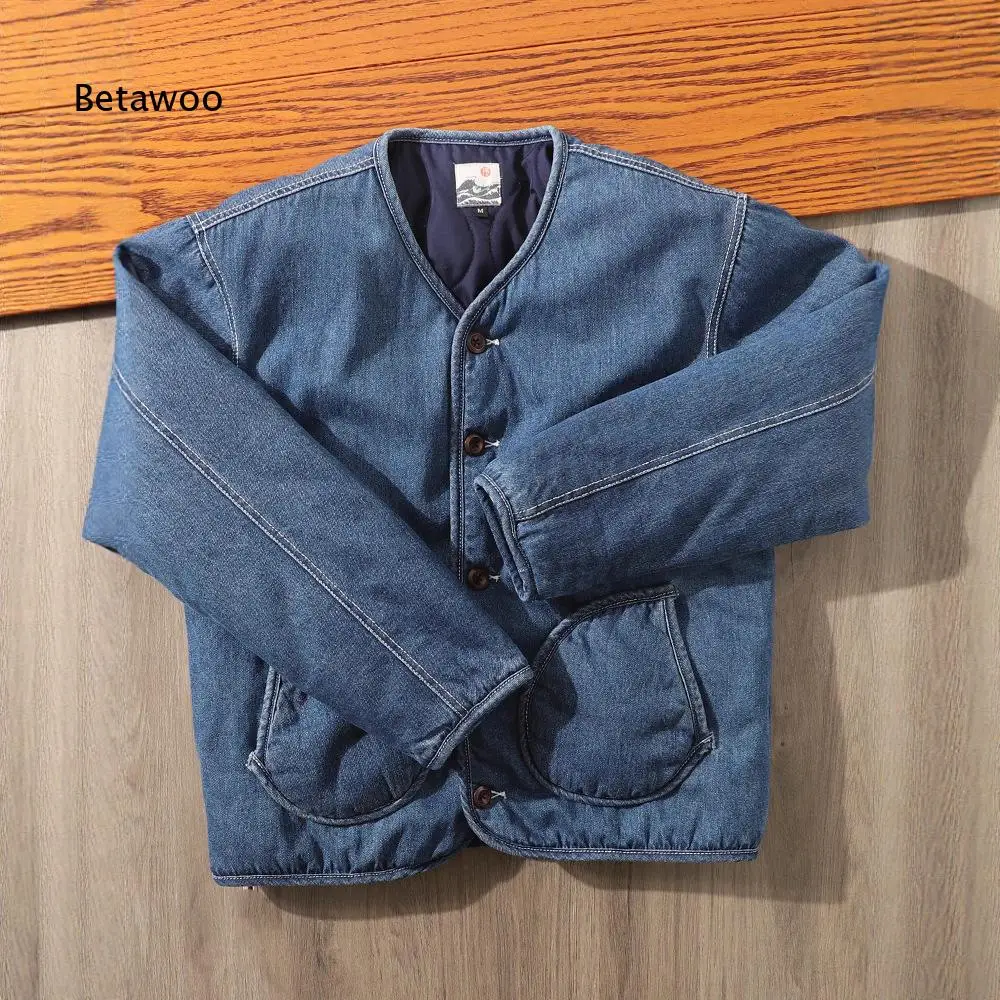 Men V Neck Button Down Denim Padded Jacket Loose Casual Thick Warm Winter Outerwear for Daily Street Wear