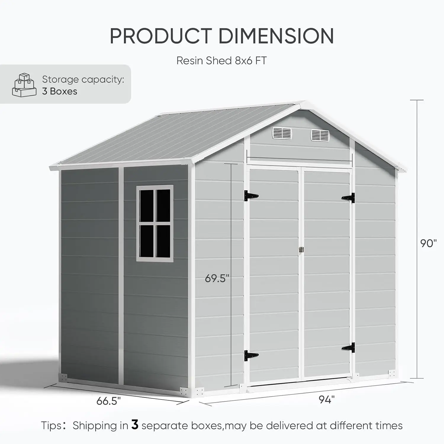 Resin Outdoor Storage Shed Lockable Doors Sloped Roof Ventilation Windows Heavy Duty Floor Backyard Patio 8x6 FT, Customized