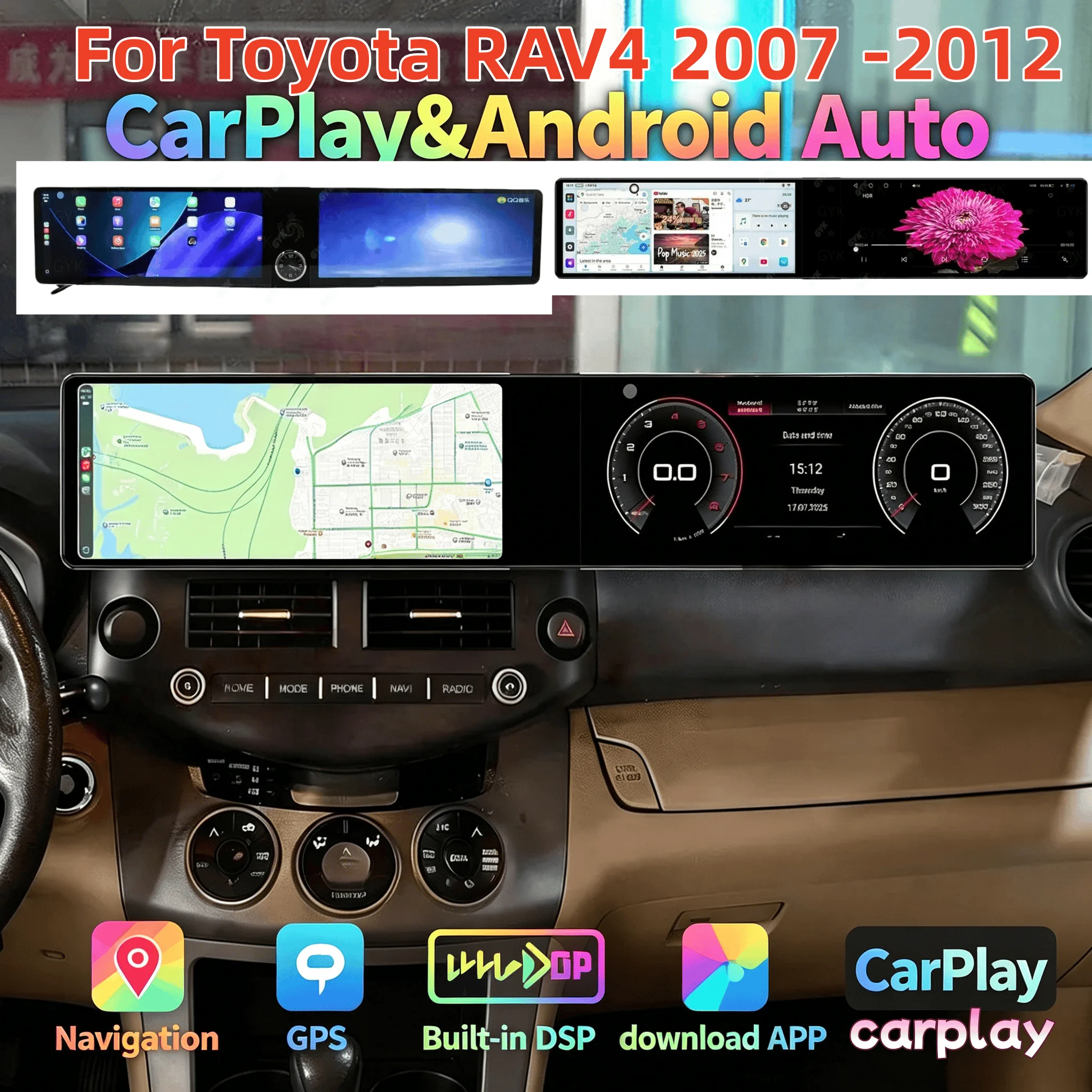 Android Auto Stereo For Toyota RAV4 2007-2012 CarPlay Multimedia Car Radio GPS Navigation Co-pilot Passenger Head Unit 4G DSP