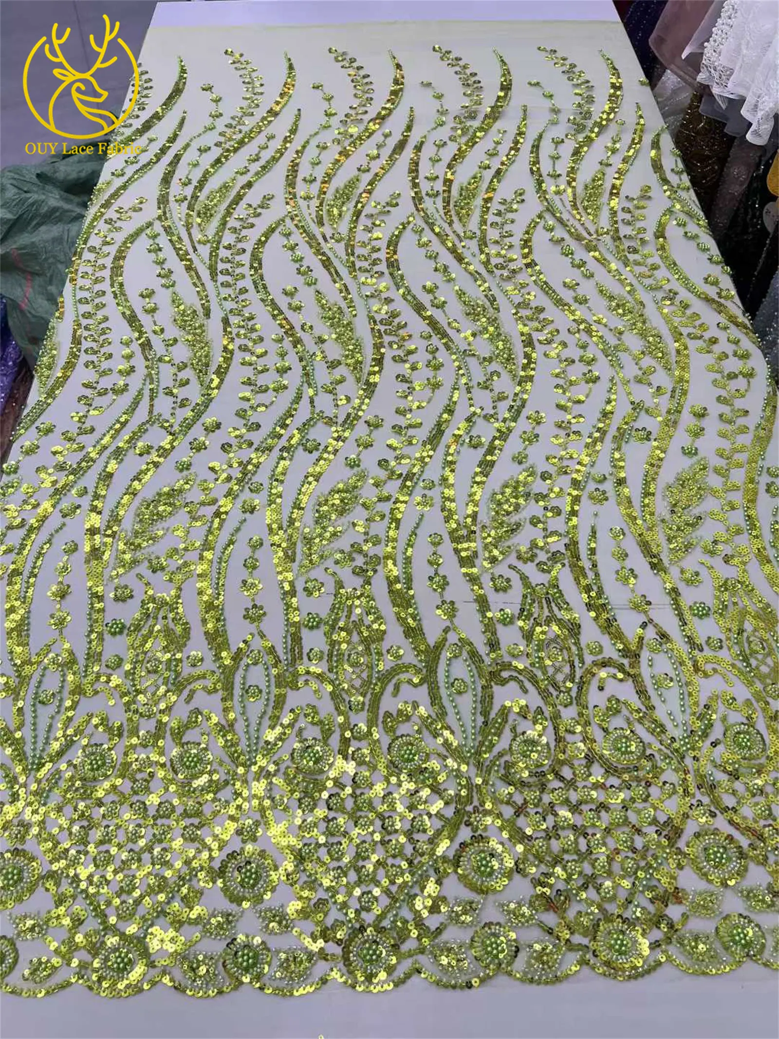 5 yardas de tela de encaje africana verde lima con lentejuelas y cuentas, encaje de tul con lentejuelas reales francesas 2026 para material de costura de vestidos de fiesta para mujer