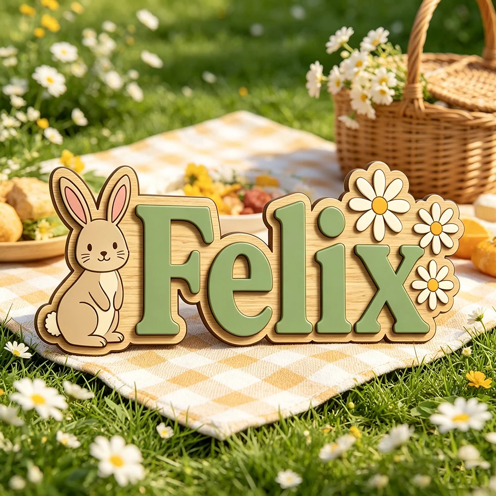Whimsical Rabbit & Flower Custom Name Plaque for The Dearest Baby, Unisex Floral Nursery Wall Decor