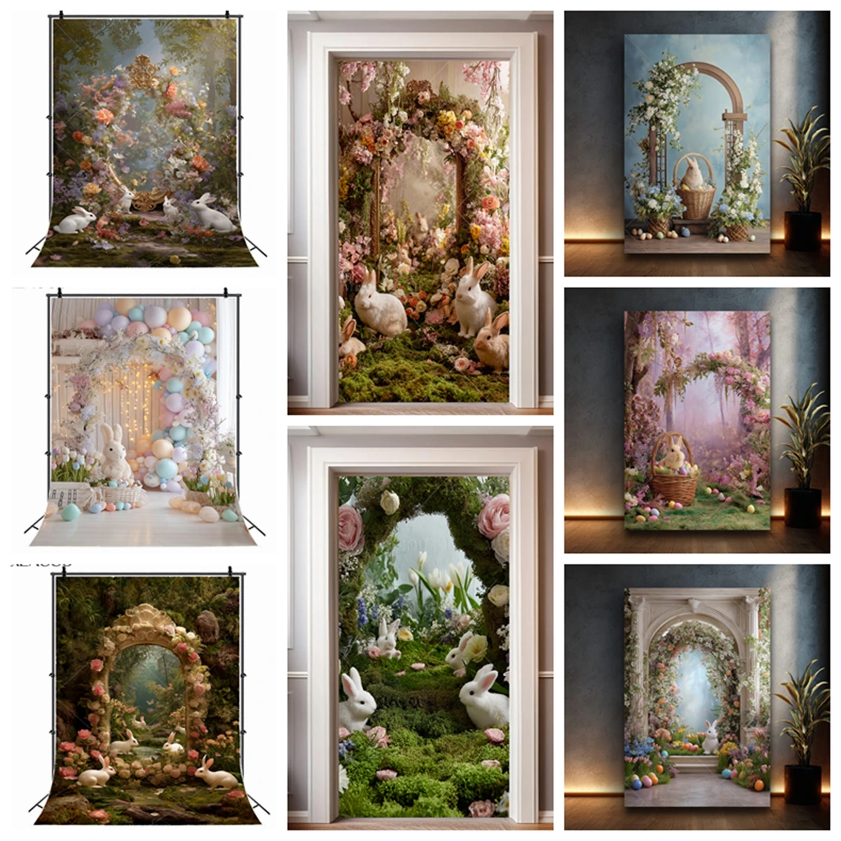 

Easter Themed Bunny Flower Arch Photography Background Cloth Moss Eggs Balloon Decoration Children Photo Holiday Decoration Wall