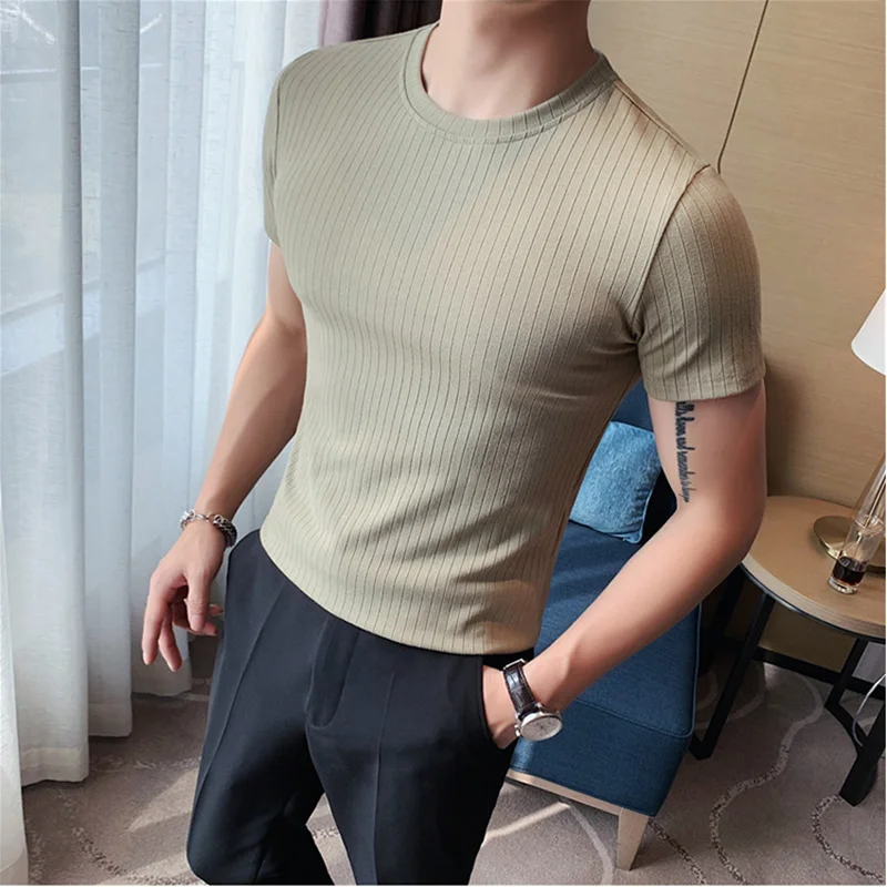 2023 Summer Thin Dark Striped T Shirt Men\'s Clothes Short Sleeved Round Neck Slim Fit Elastic Tee Tops All-match Bottoming Shirt