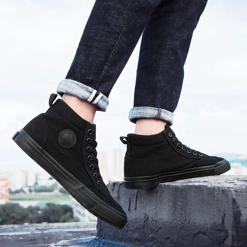 Men's High-Top Canvas Sneakers Slip-On Lace-Up Casual All-Black Basic Skate Shoes for Students Flat Sole Comfortable Sport Shoes - Image 2