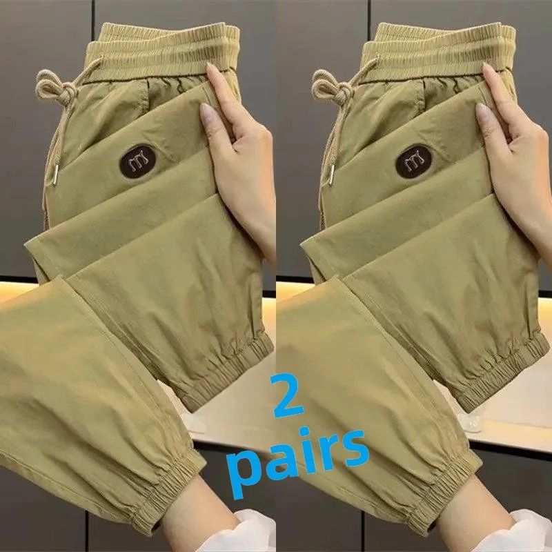 

Men's Summer Thin Casual Pants Breathable Fashionable Trousers Loose Fit Elastic Waist Cargo Pockets Khaki Color Slimming Effect