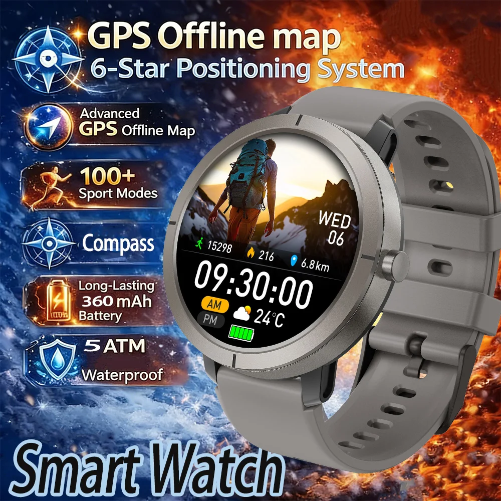 

Смарт-часы GPS 2026 с AMOLED-экраном 1,32 дюйма, звонками по Bluetooth, водонепроницаемостью 5ATM, 170 спортивными режимами, аккумулятором 360 мАч, для мужчин и женщин, для активного отдыха