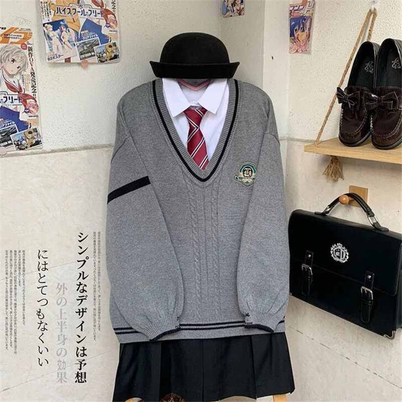 Jersey de manga larga con cuello en V para mujer, suéter cálido de punto, uniforme JK, color gris, estilo Academy, Unisex, novedad de 2024