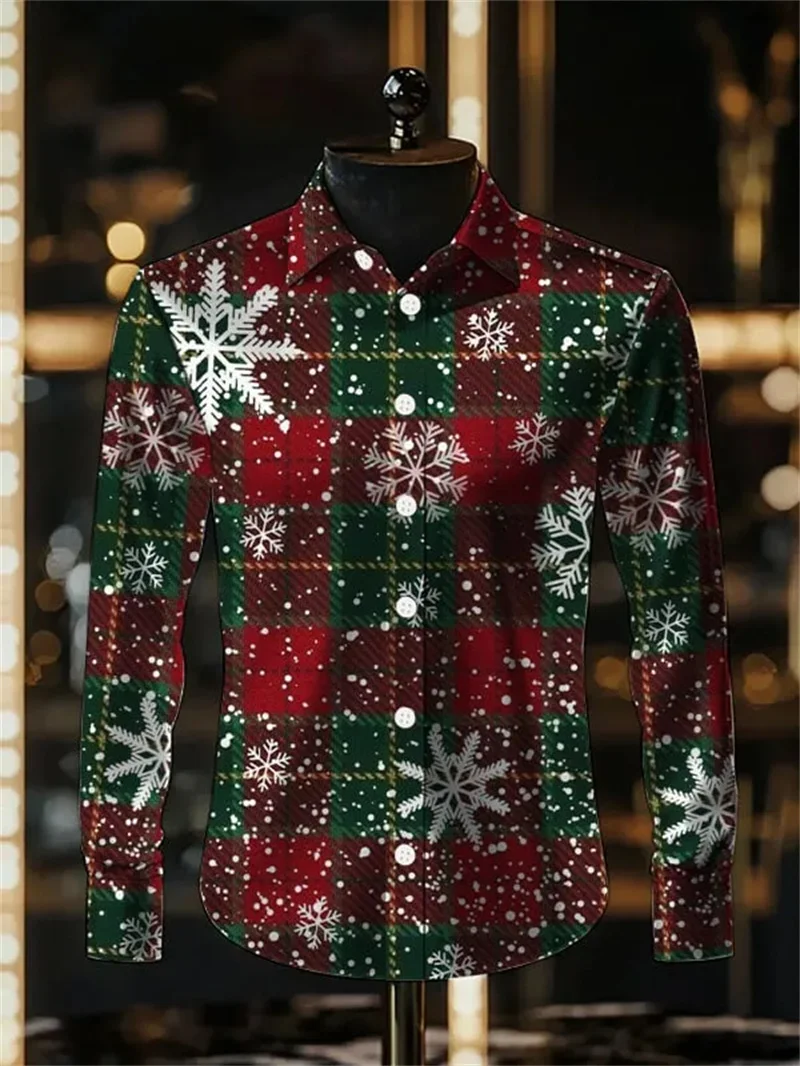 Men's snowflake checkered printed long sleeved shirt with comfortable collar button and soft fabric Christmas party shirt