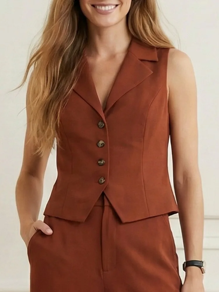 

Lemongor Women's Vintage Solid Color Lapel Vests 2026 New Summer Sleeveless Buttoned Slim Fit Casual Office Waistcoat Tops