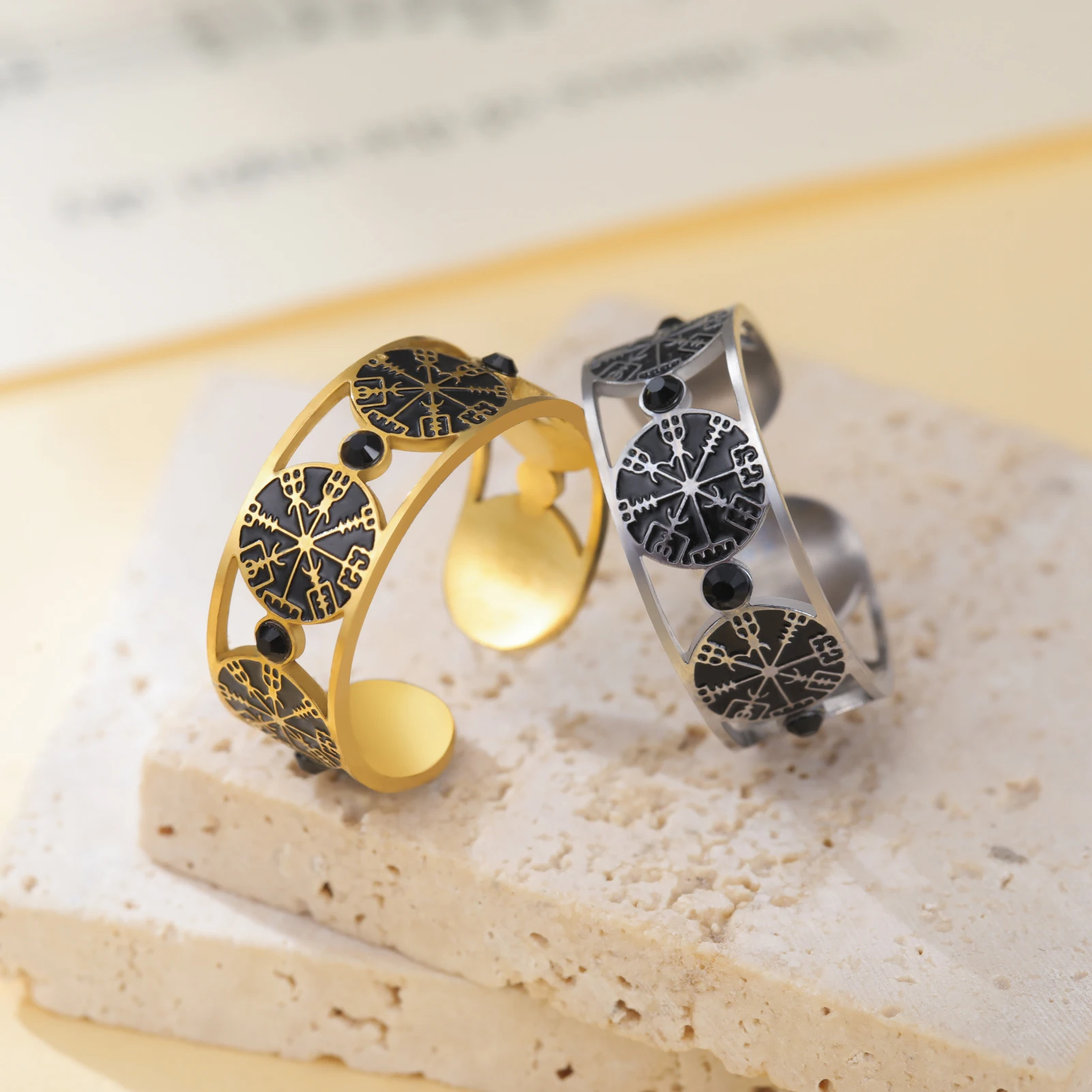 

Sipuris Viking Compass Open Rings Stainless Steel Corrosion Helm of Awe Nordic Rune Scandinavian Amulet Women's Jewelry Gifts