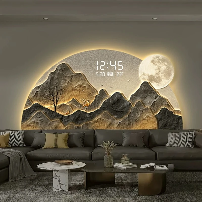 Luxury Landscape Wall Art Auspicious Mountain Backdrop with Digital Display for Living Room Bedroom Teahouse Lighting Painting
