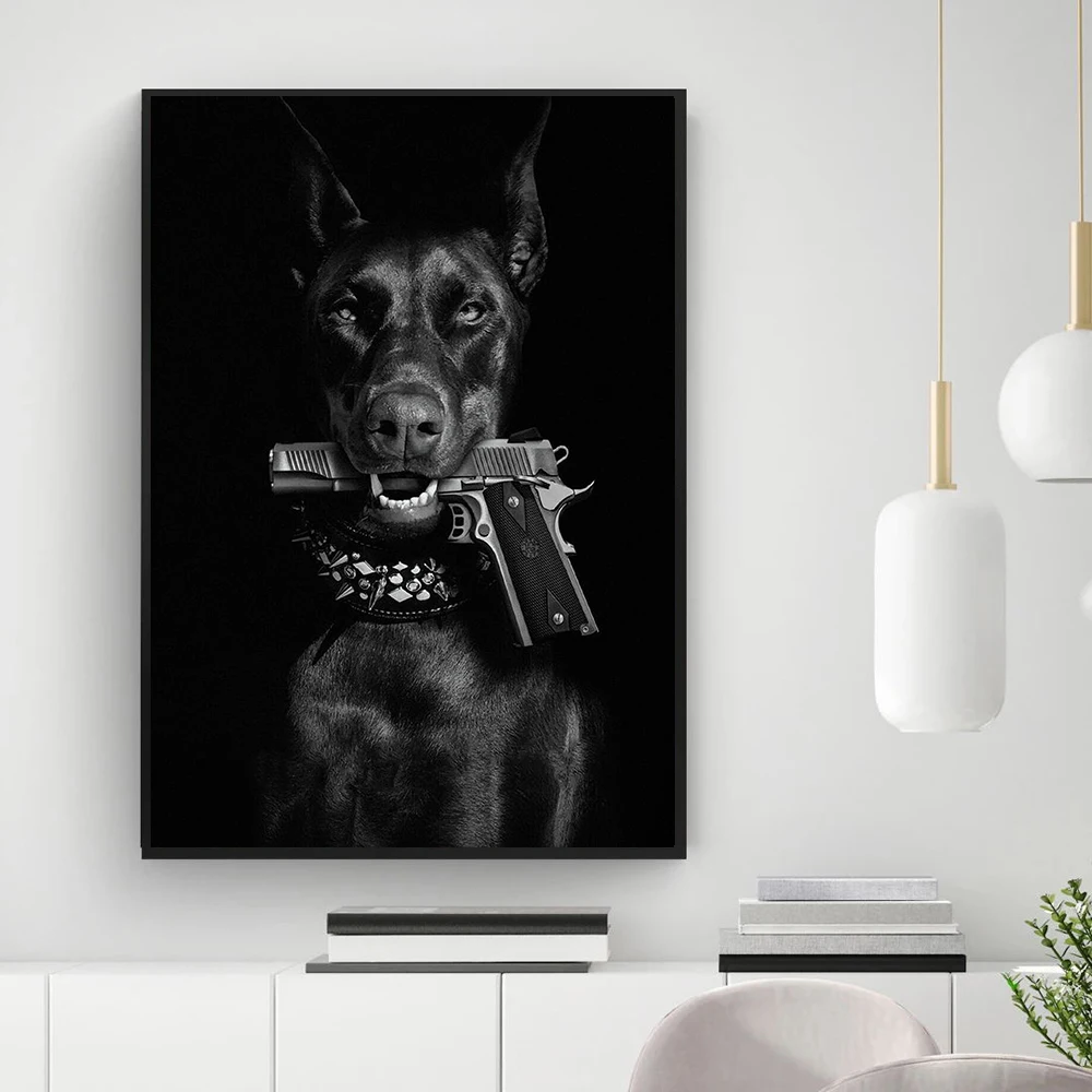 Modern Black Doberman Dog Canvas Cuadros Gun Luxury Fashion Poster Prints Canvas Painting Nordic Wall Art Picture Room Decor