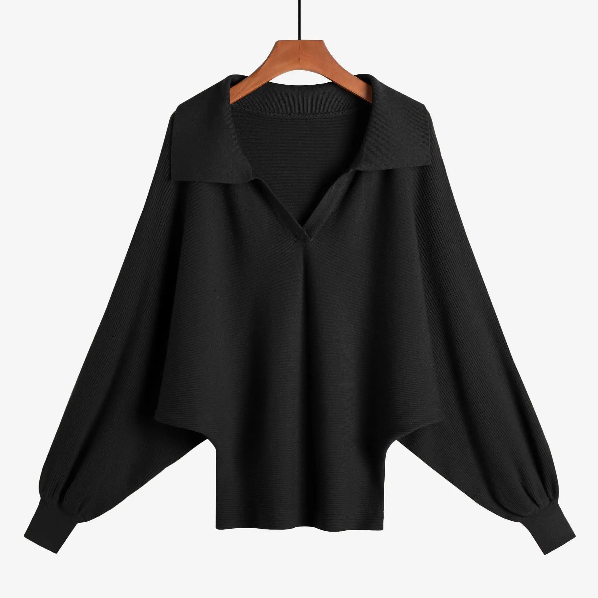 2026 Women Lapel V‑Neck Batwing Sleeve Knit Sweater Solid Color Loose Knitted Pullover Casual Tops For Spring Autumn Daily Wear