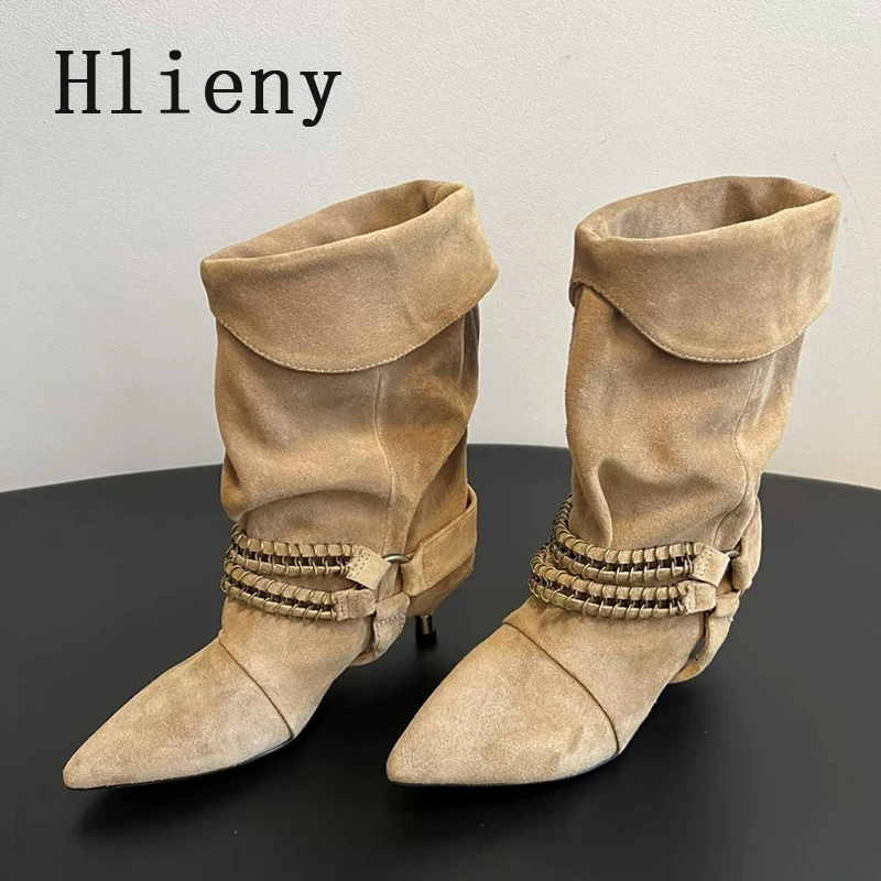 

Hlieny/2026, новые зимние модные ботинки до середины икры, женские ботильоны в стиле вестерн на низком каблуке с металлической пряжкой, дизайнерская удобная обувь, ботильоны
