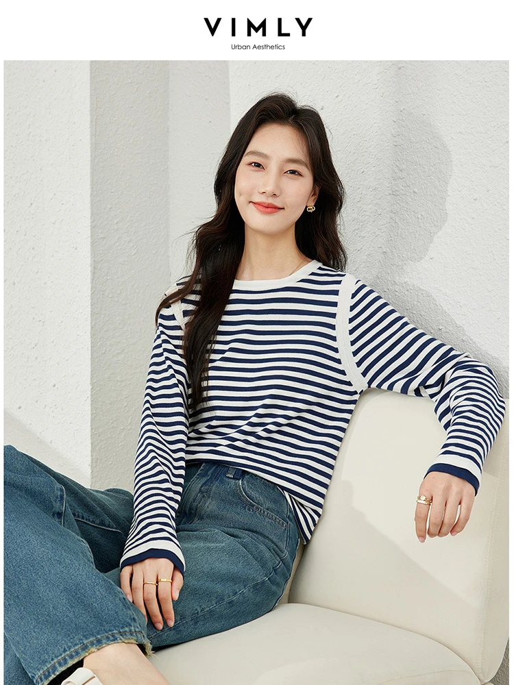 Vimly Women\'s Striped Long Sleeve Knitted Top 2024 Spring New O-neck Loose Lyocell Knit Pullovers Soft Female Knitwear 72911