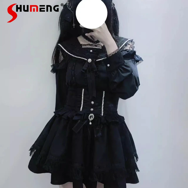 

Original Japanese Style Mass-Produced Navy Collar Bow Lace Patchwork Long Sleeve Kawaii Versatile Lolita Shirt Blouse for Women