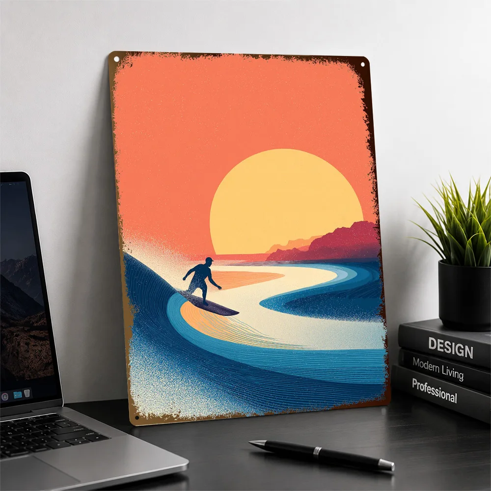 Surfer Riding A Wave At Sunset Printed Poster Personalized Aluminum Metal Sign Bold Dynamic Sports Scene Wall Art For Bedrooms